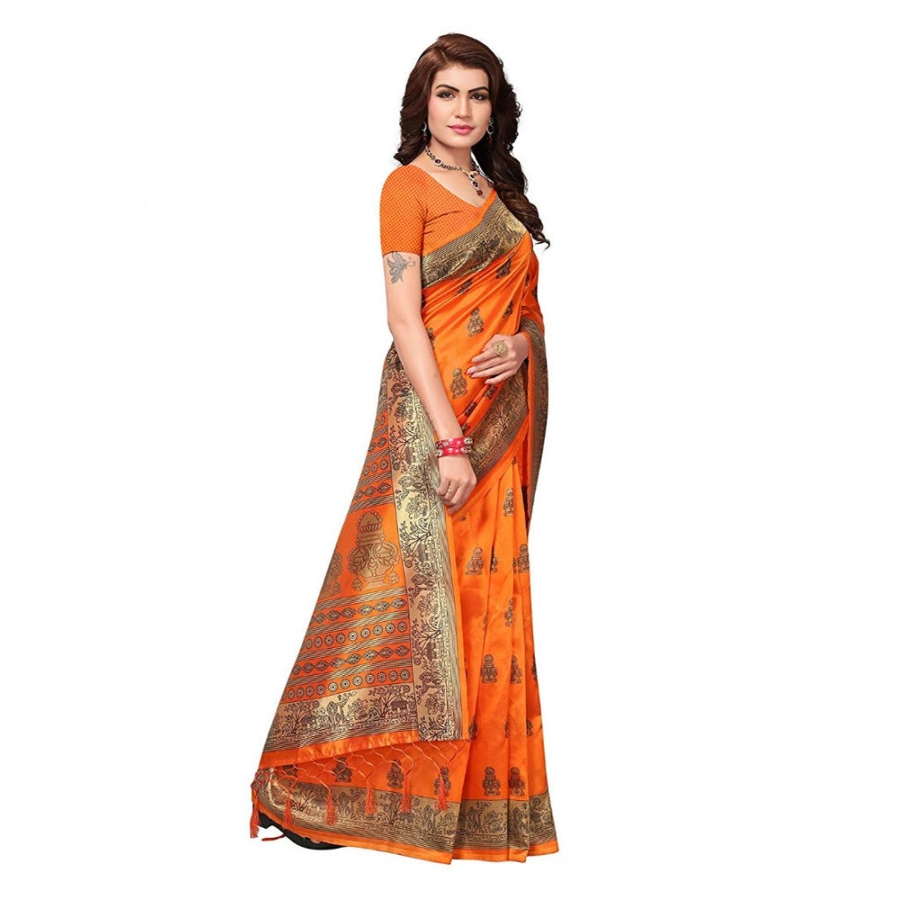 Women's Art Silk Saree With Blouse (Orange, 5-6mtrs)