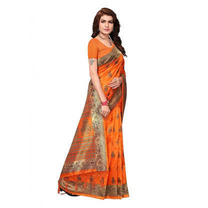 Women's Art Silk Saree With Blouse (Orange, 5-6mtrs)