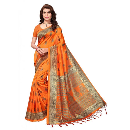 Women's Art Silk Saree With Blouse (Orange, 5-6mtrs)