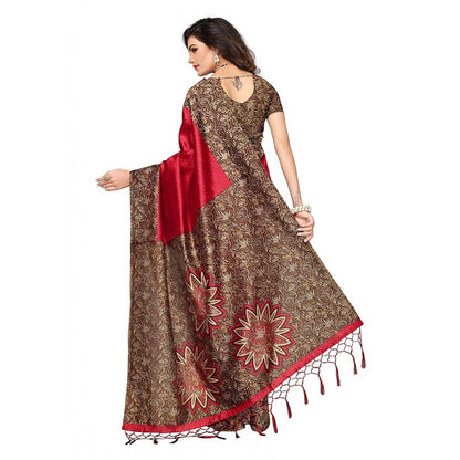 Women's Art Silk Saree With Blouse (Red, 5-6mtrs)