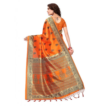 Women's Art Silk Saree With Blouse (Orange, 5-6mtrs)