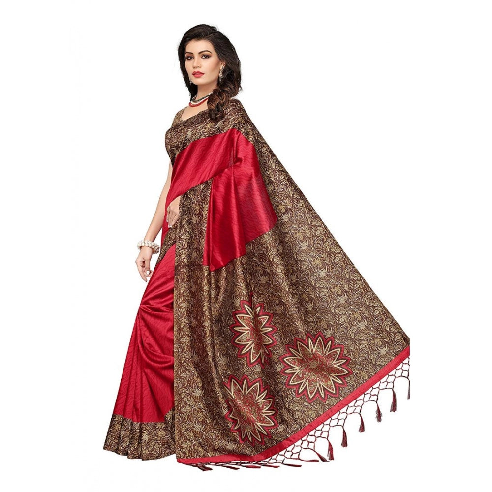 Women's Art Silk Saree With Blouse (Red, 5-6mtrs)