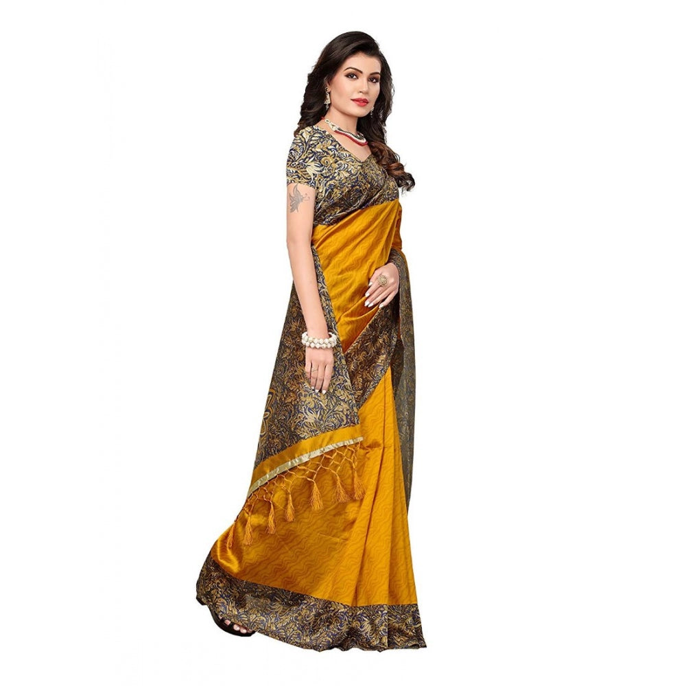 Women's Art Silk Saree With Blouse (Yellow, 5-6mtrs)