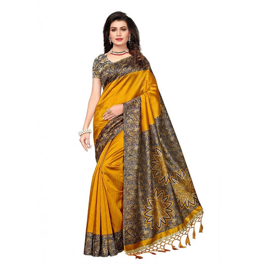 Women's Art Silk Saree With Blouse (Yellow, 5-6mtrs)