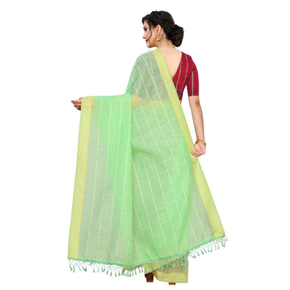 Women's Cotton Saree With Blouse (Parrot Green, 5-6Mtrs)