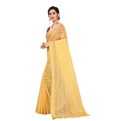 Women's Cotton Saree With Blouse (Yellow, 5-6Mtrs)