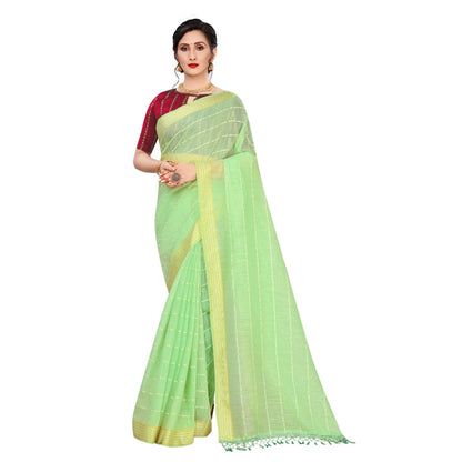 Women's Cotton Saree With Blouse (Parrot Green, 5-6Mtrs)