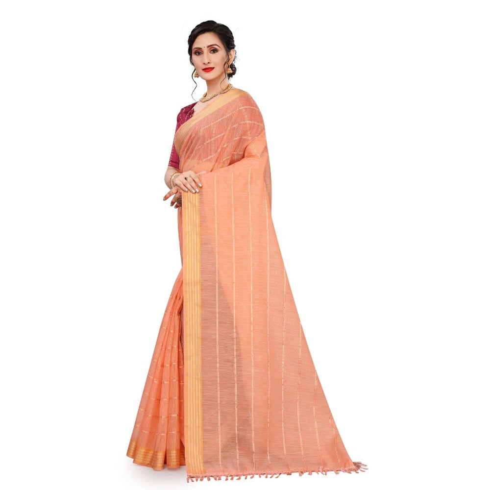 Women's Cotton Saree With Blouse (Orange, 5-6Mtrs)