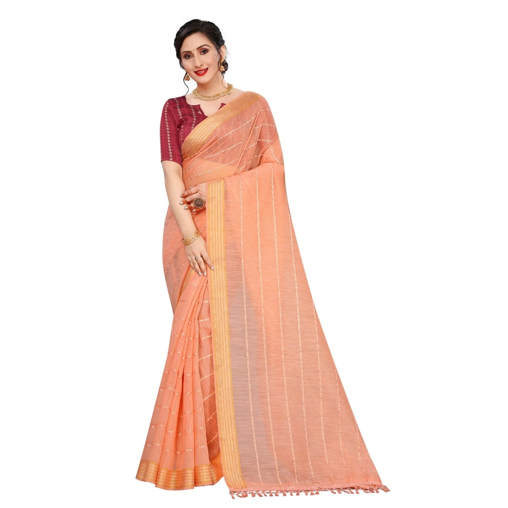 Women's Cotton Saree With Blouse (Orange, 5-6Mtrs)