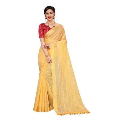 Women's Cotton Saree With Blouse (Yellow, 5-6Mtrs)