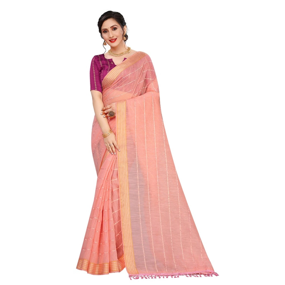 Women's Cotton Saree With Blouse (Pink, 5-6Mtrs)