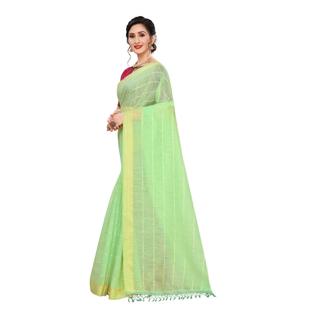 Women's Cotton Saree With Blouse (Parrot Green, 5-6Mtrs)