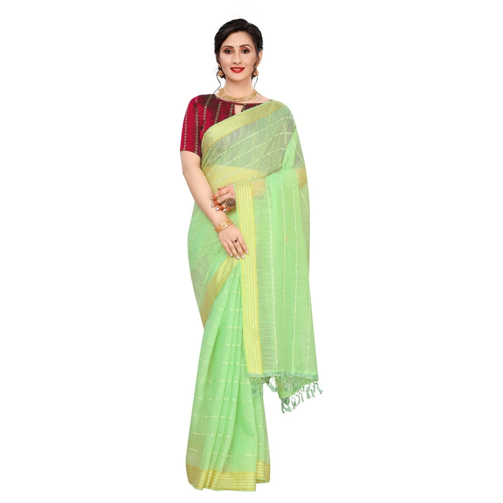 Women's Cotton Saree With Blouse (Parrot Green, 5-6Mtrs)