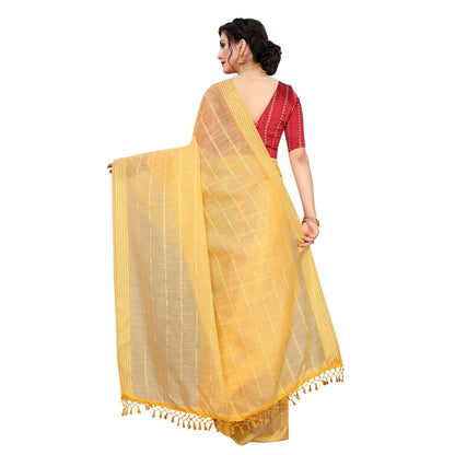 Women's Cotton Saree With Blouse (Yellow, 5-6Mtrs)