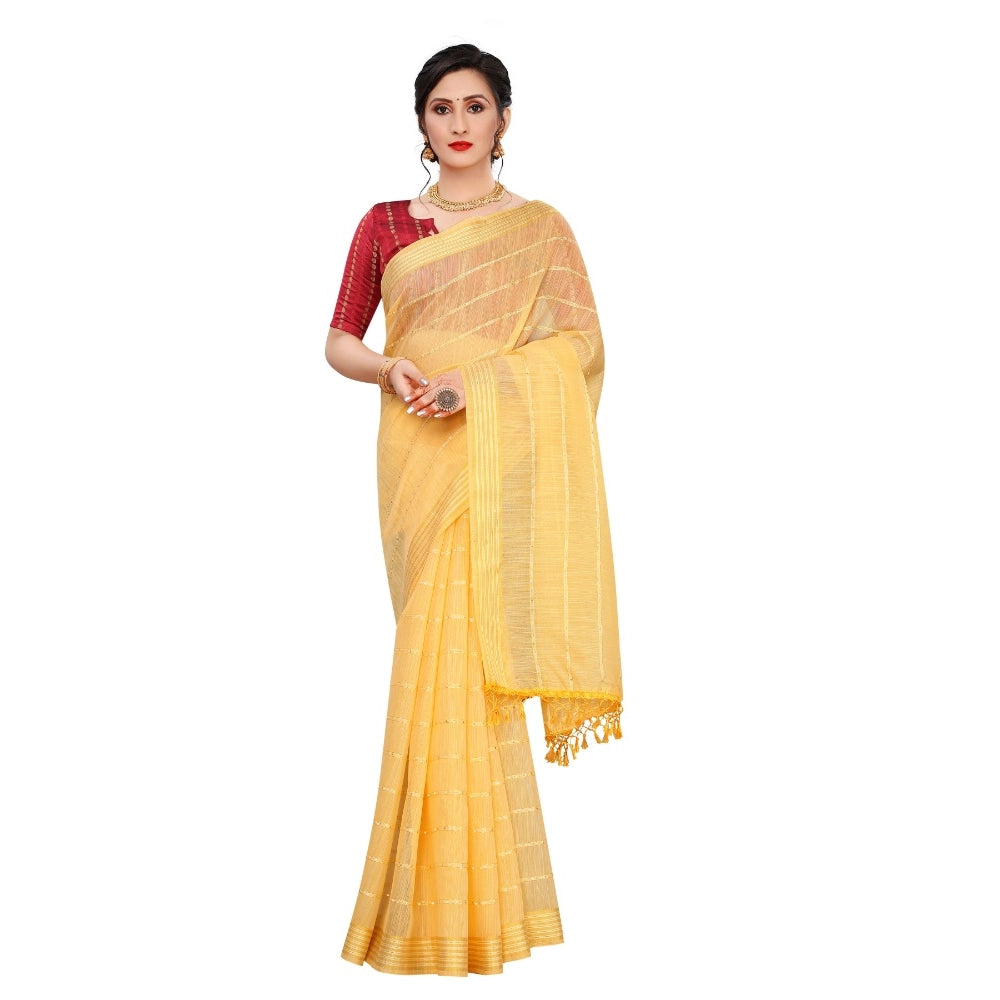 Women's Cotton Saree With Blouse (Yellow, 5-6Mtrs)