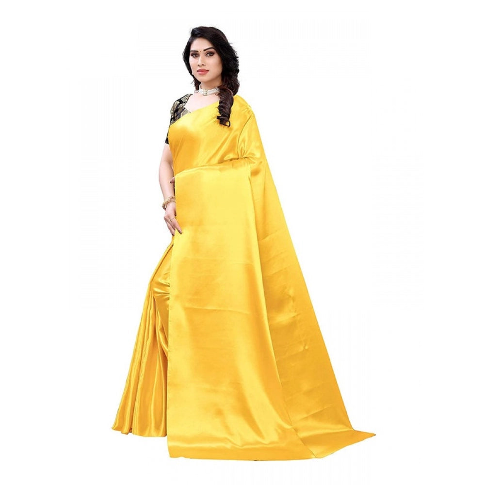 Women's Satin Saree With Blouse (Yellow, 5-6mtrs)