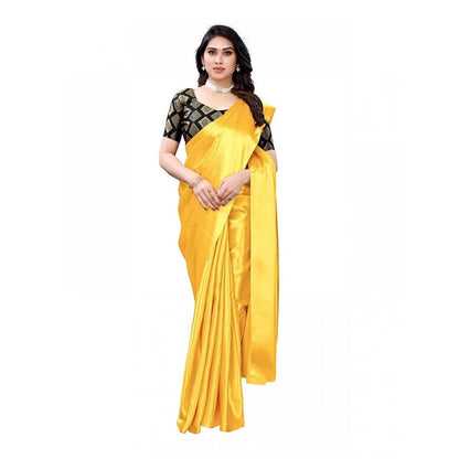 Women's Satin Saree With Blouse (Yellow, 5-6mtrs)