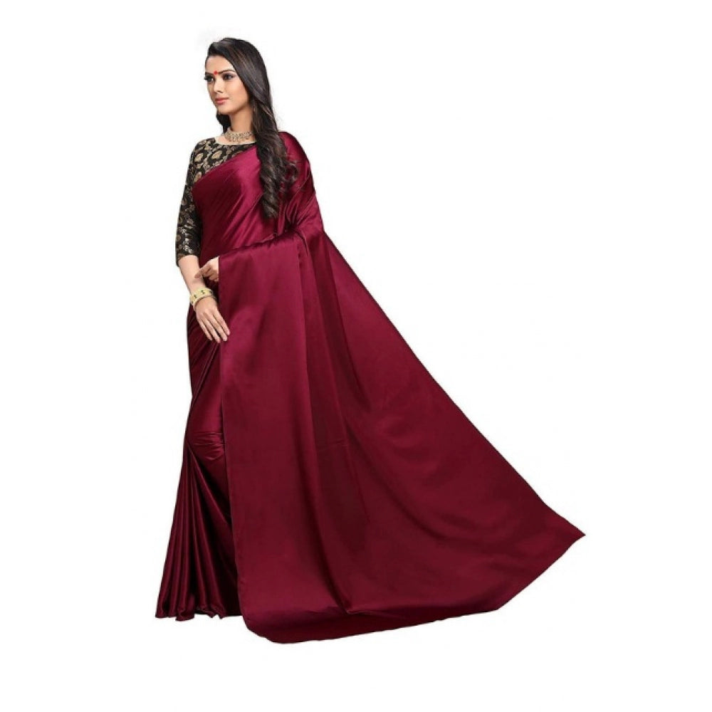 Women's Satin Saree With Blouse (Maroon, 5-6mtrs)