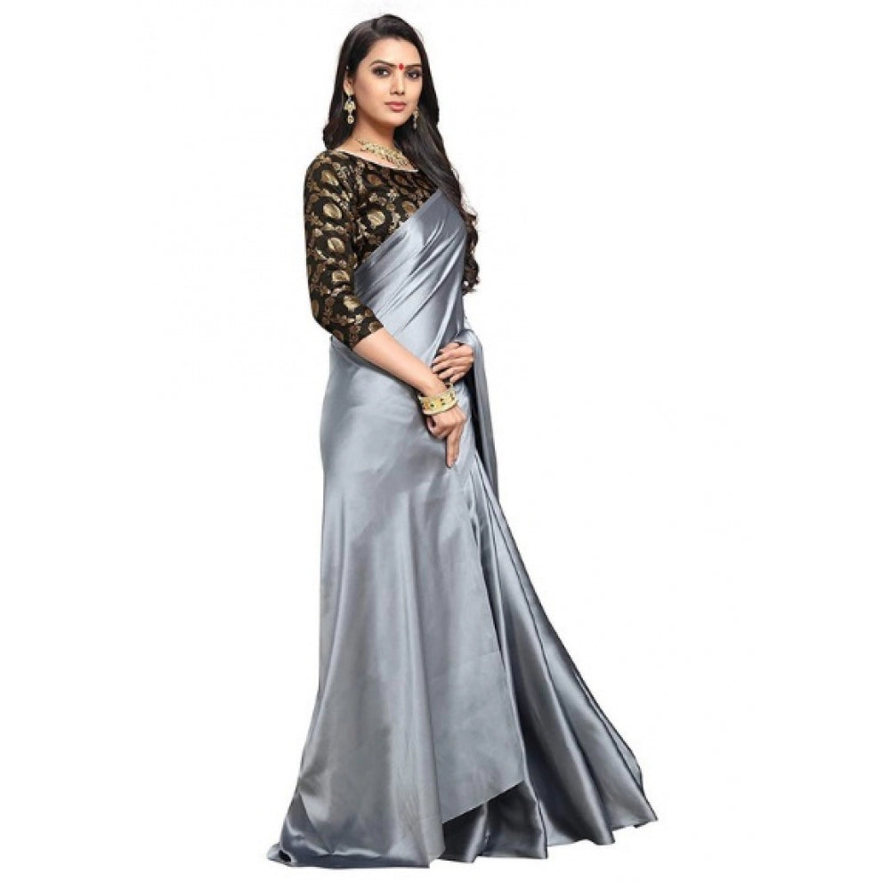 Women's Satin Saree With Blouse (Grey, 5-6mtrs)