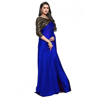 Women's Satin Saree With Blouse (Blue, 5-6mtrs)