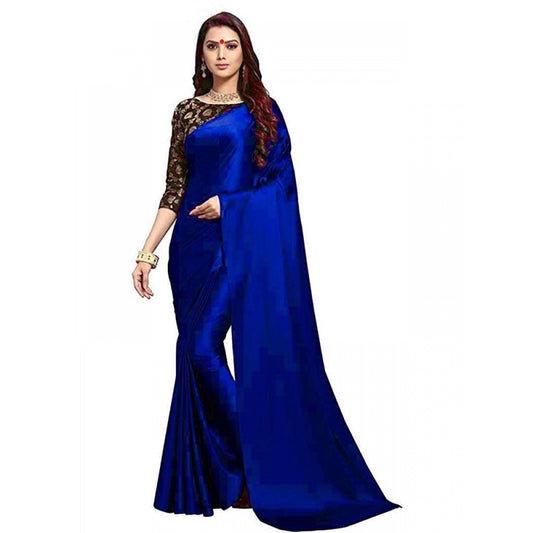 Women's Satin Saree With Blouse (Blue, 5-6mtrs)