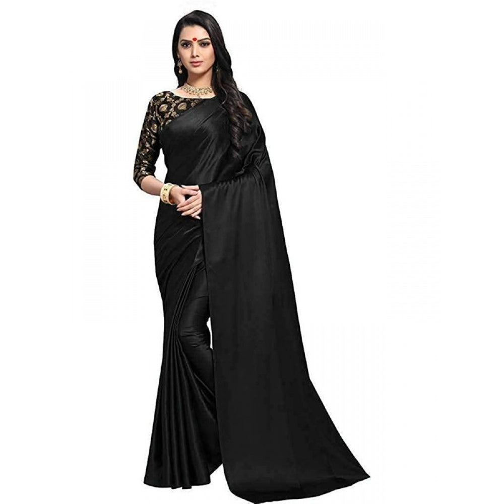 Women's Satin Saree With Blouse (Black, 5-6mtrs)