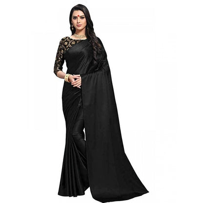 Women's Satin Saree With Blouse (Black, 5-6mtrs)