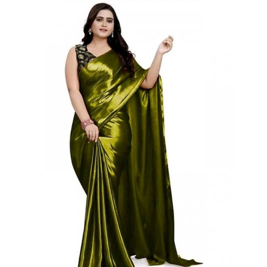 Women's Satin Saree With Blouse (Green, 5-6mtrs)