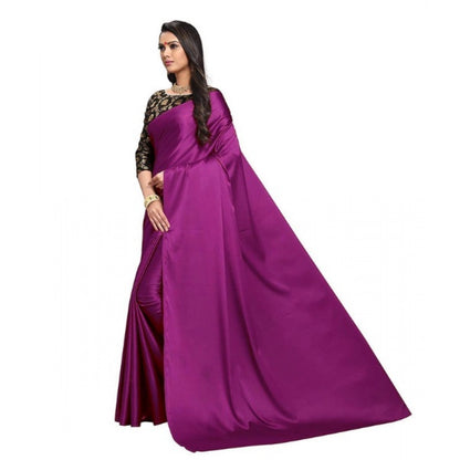 Women's Satin Saree With Blouse (Wine, 5-6mtrs)