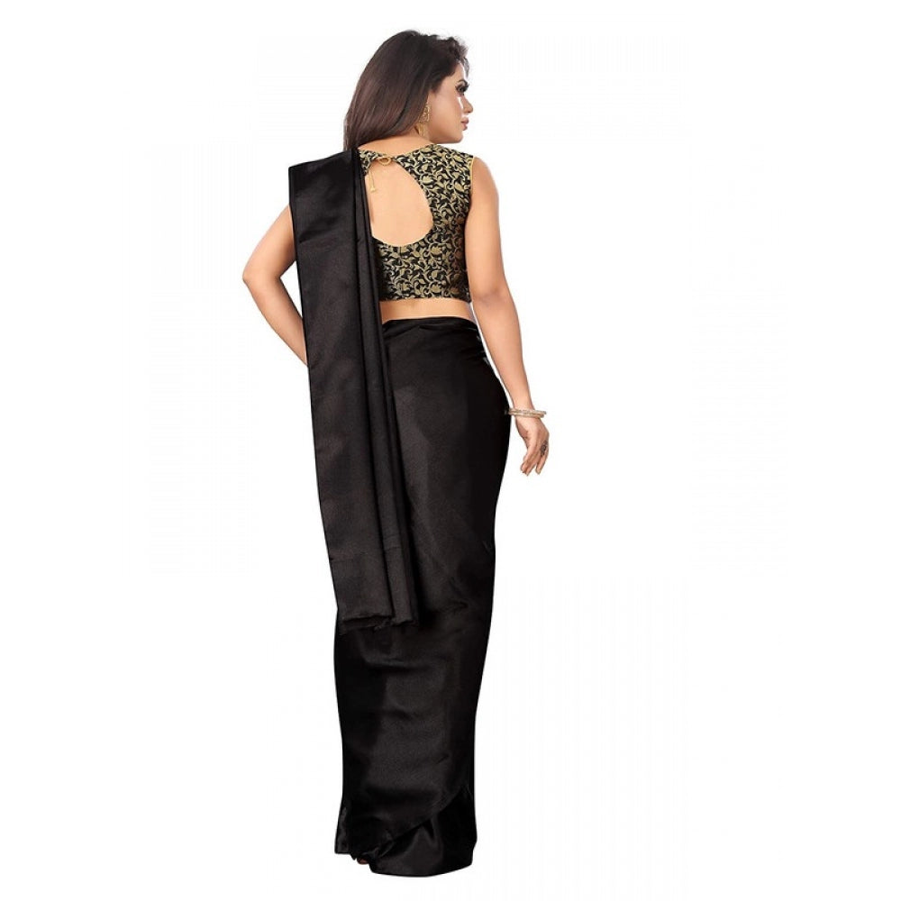 Women's Satin Saree With Blouse (Black, 5-6mtrs)