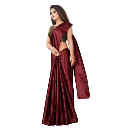 Women's Satin Saree With Blouse (Maroon, 5-6mtrs)