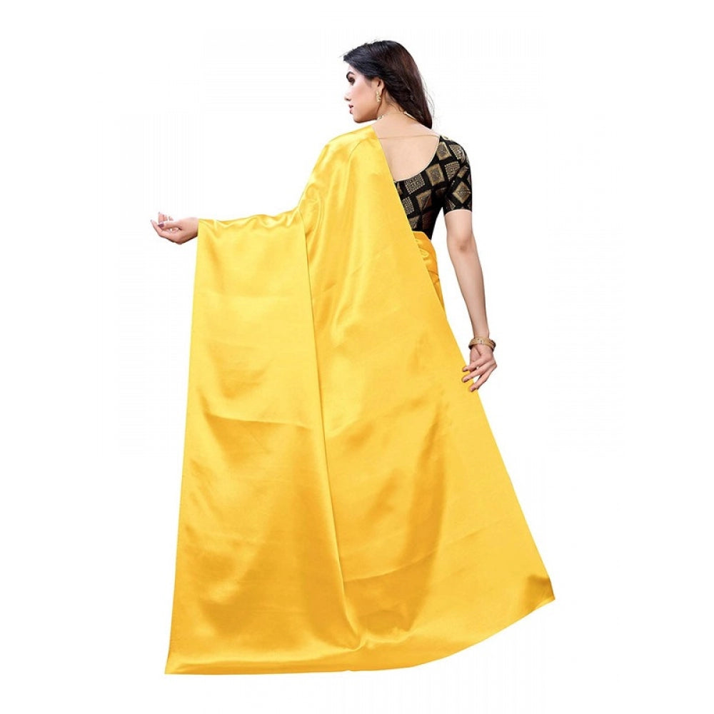 Women's Satin Saree With Blouse (Yellow, 5-6mtrs)