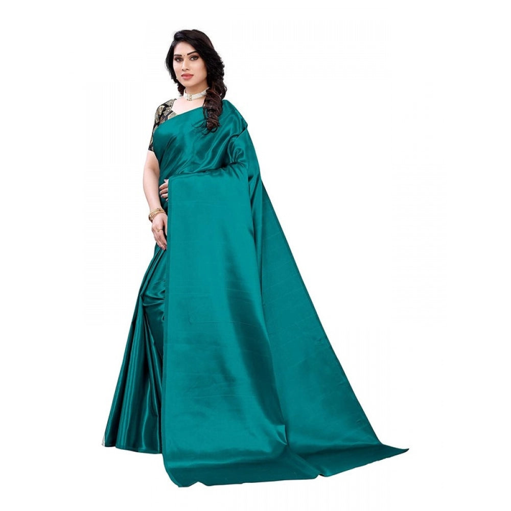 Women's Satin Saree With Blouse (Teal, 5-6mtrs)