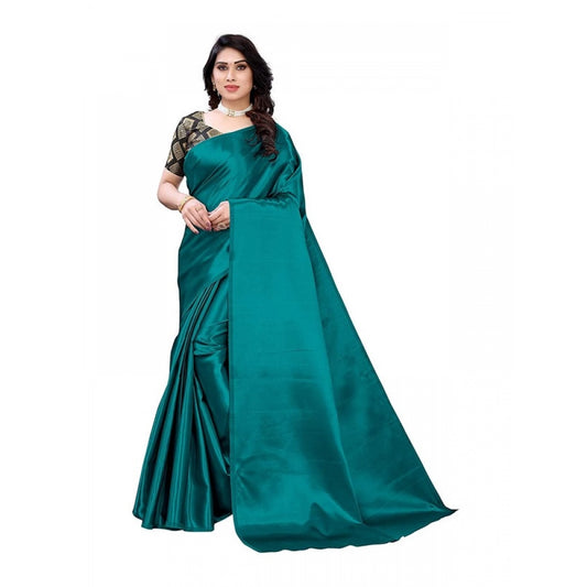 Women's Satin Saree With Blouse (Teal, 5-6mtrs)