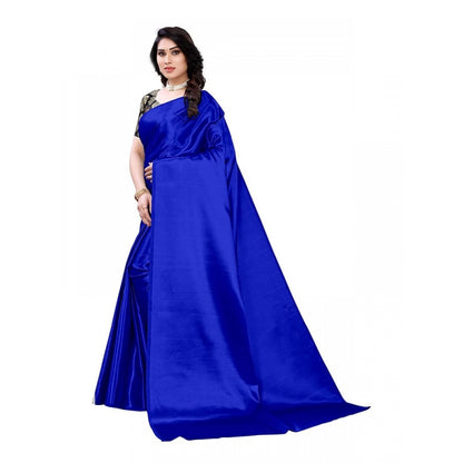 Women's Satin Saree With Blouse (Royal Blue, 5-6mtrs)