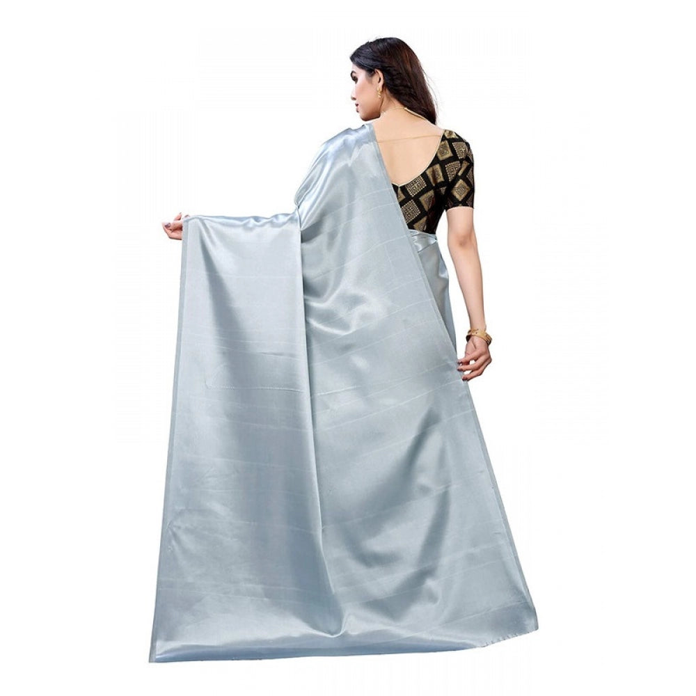 Women's Satin Saree With Blouse (Grey, 5-6mtrs)