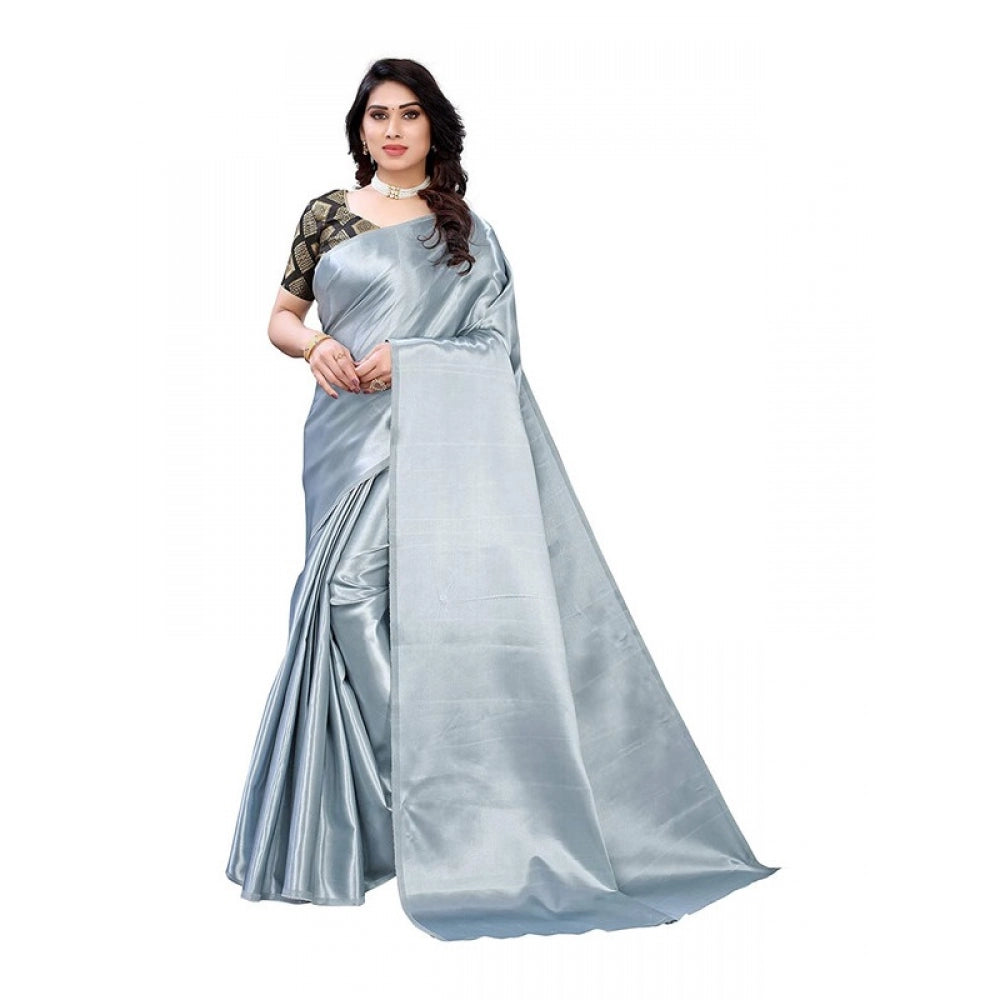 Women's Satin Saree With Blouse (Grey, 5-6mtrs)