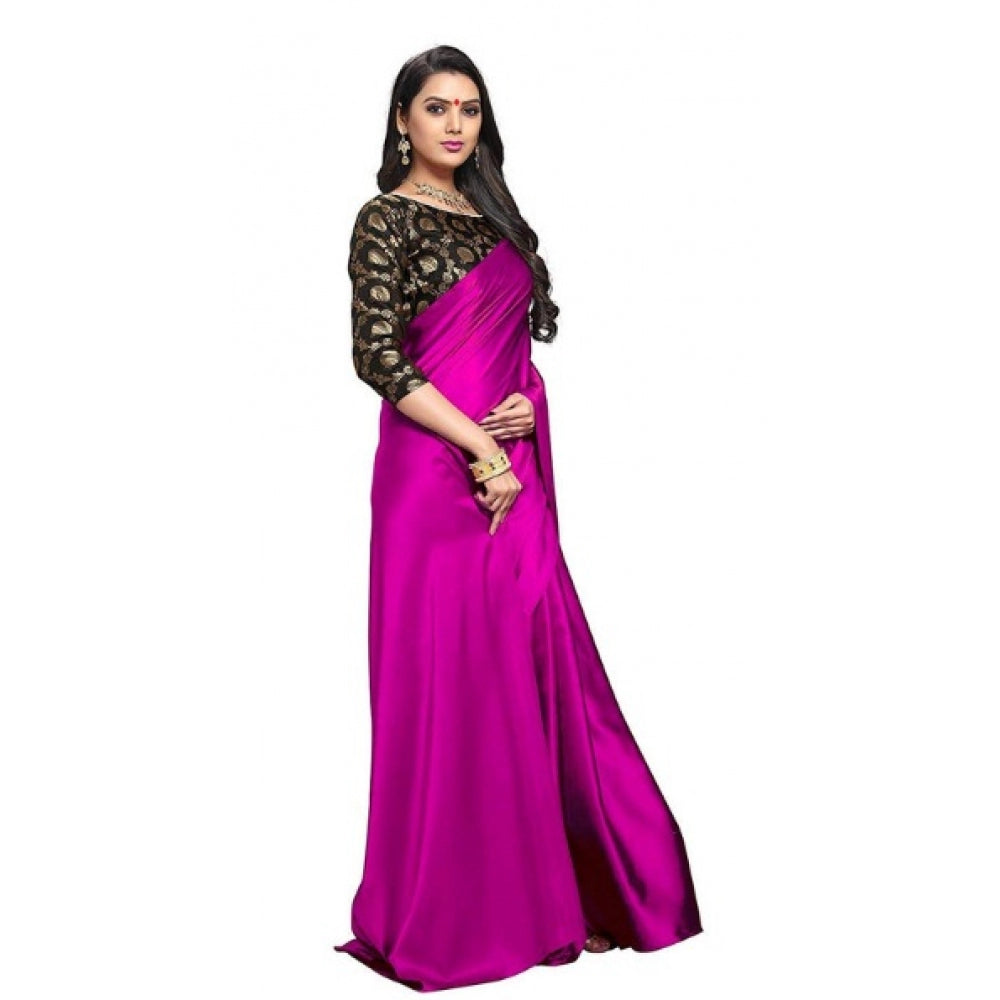 Women's Satin Saree With Blouse (Magenta, 5-6mtrs)