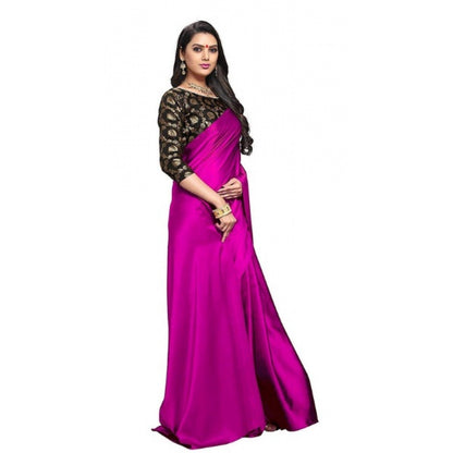 Women's Satin Saree With Blouse (Magenta, 5-6mtrs)