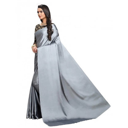 Women's Satin Saree With Blouse (Grey, 5-6mtrs)