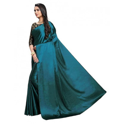 Women's Satin Saree With Blouse (Turquoise, 5-6mtrs)