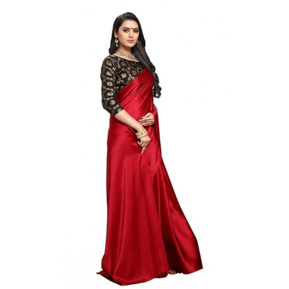 Women's Satin Saree With Blouse (Red, 5-6mtrs)