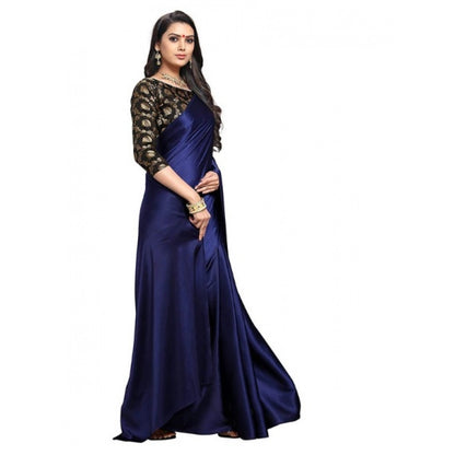 Women's Satin Saree With Blouse (Navy Blue, 5-6mtrs)