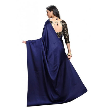 Women's Satin Saree With Blouse (Navy Blue, 5-6mtrs)