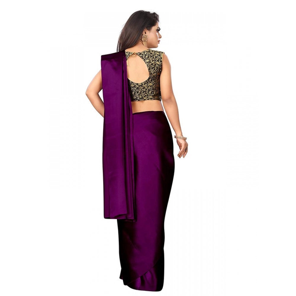 Women's Satin Saree With Blouse (Wine, 5-6mtrs)