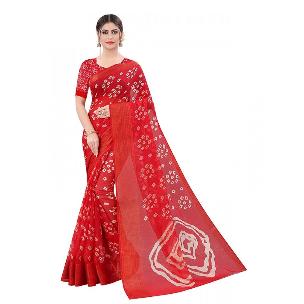 Women's Cotton Silk Saree With Blouse (Red, 5-6mtrs)