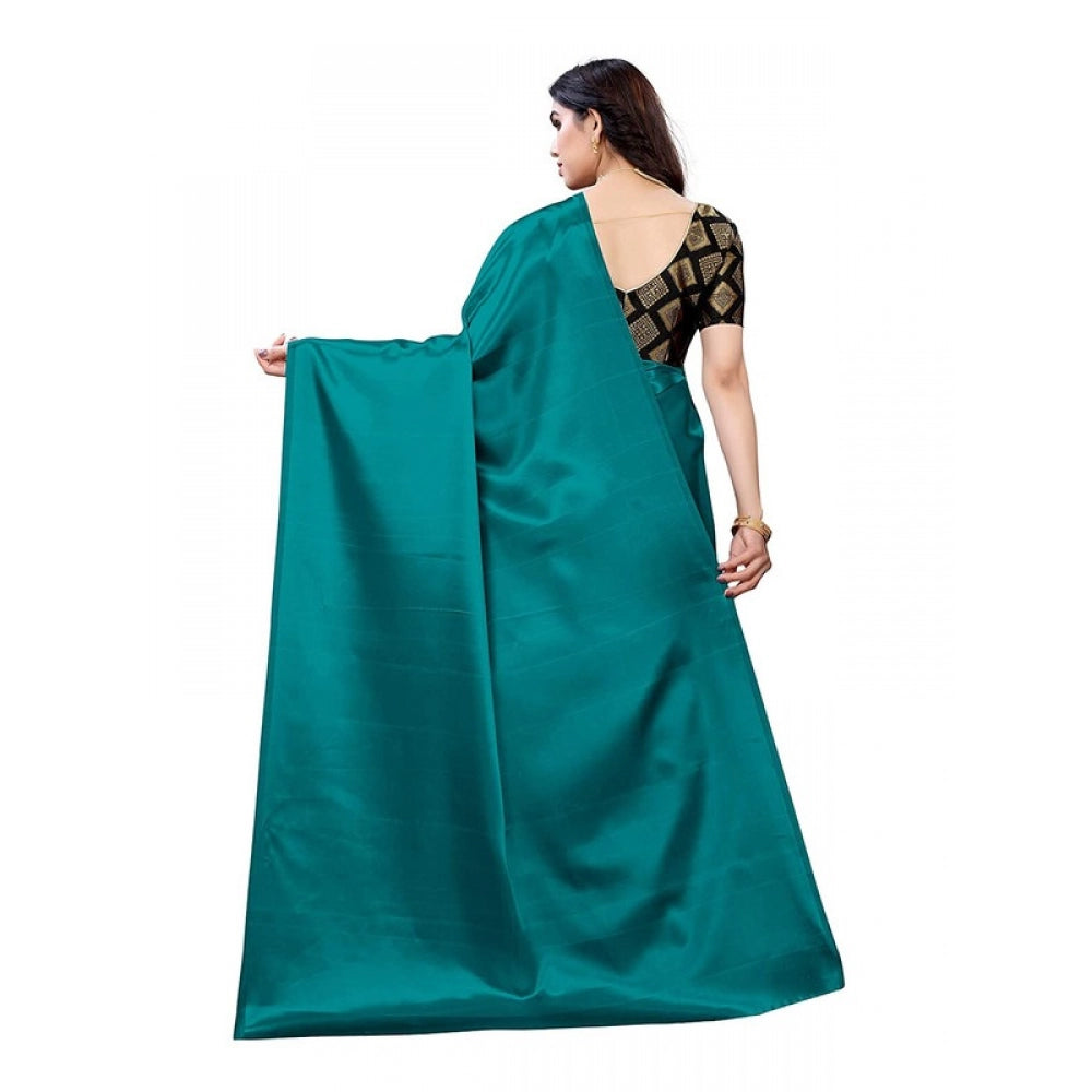 Women's Satin Saree With Blouse (Teal, 5-6mtrs)