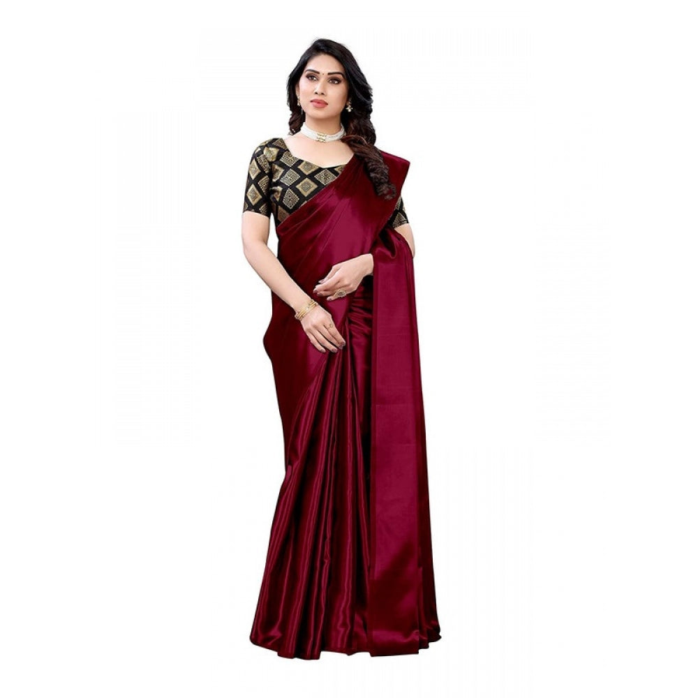 Women's Satin Saree With Blouse (Maroon, 5-6mtrs)