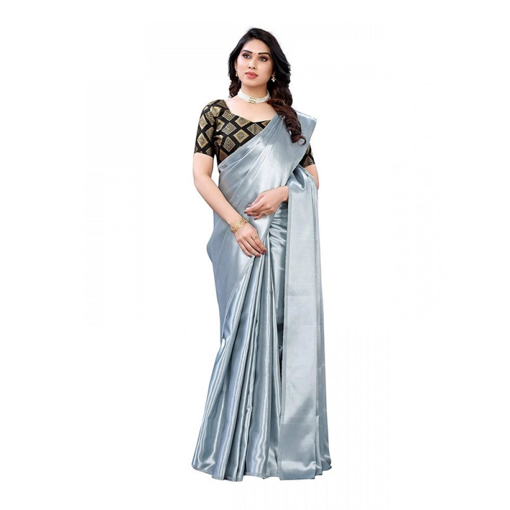 Women's Satin Saree With Blouse (Grey, 5-6mtrs)