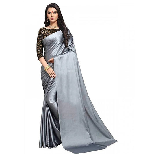 Women's Satin Saree With Blouse (Grey, 5-6mtrs)